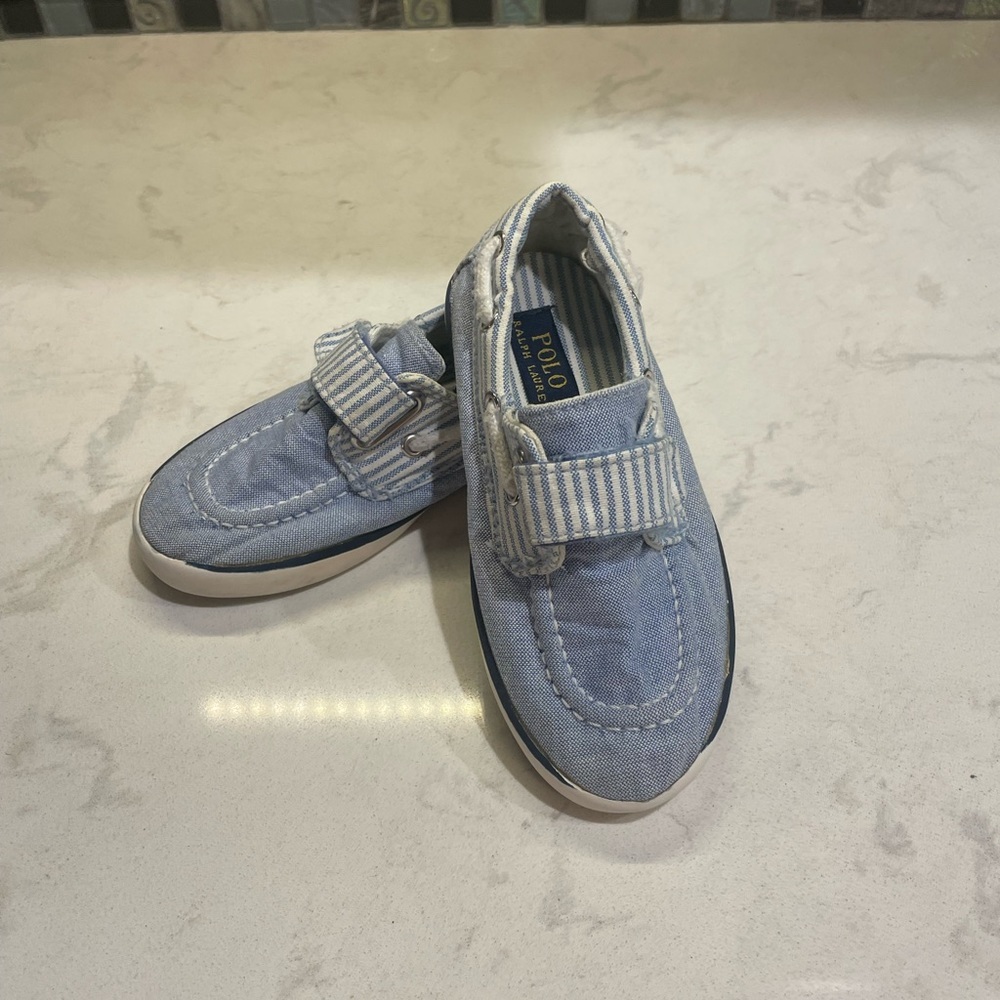Polo RL Size 9 Moccasins;Chambray/White w/Stripes & Rope Detail;Gently Loved